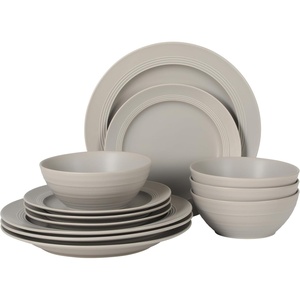 image:imageGibson Elite Soleil 12 Piece Echo Blue Stoneware Dinnerware Set for 4 Plates and Bowls Set with Dinner Plates Salad Plates and BowlsChateau Grey Soleil