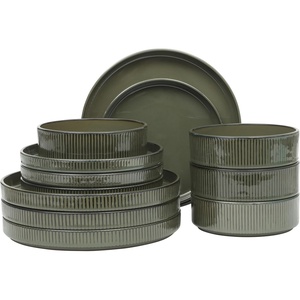 image:imageGibson Elite Soleil 12 Piece Echo Blue Stoneware Dinnerware Set for 4 Plates and Bowls Set with Dinner Plates Salad Plates and BowlsDark Green Townscape