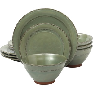 image:imageGibson Elite Soleil 12 Piece Echo Blue Stoneware Dinnerware Set for 4 Plates and Bowls Set with Dinner Plates Salad Plates and BowlsGreen Terranea