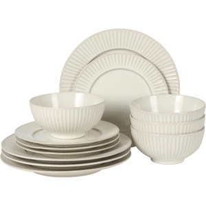 image:imageGibson Elite Soleil 12 Piece Echo Blue Stoneware Dinnerware Set for 4 Plates and Bowls Set with Dinner Plates Salad Plates and BowlsLinen White Soleil