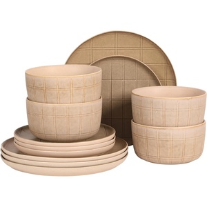 image:imageGibson Elite Soleil 12 Piece Echo Blue Stoneware Dinnerware Set for 4 Plates and Bowls Set with Dinner Plates Salad Plates and BowlsTaupe Butterwick
