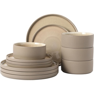 image:imageGibson Elite Soleil 12 Piece Echo Blue Stoneware Dinnerware Set for 4 Plates and Bowls Set with Dinner Plates Salad Plates and BowlsTaupe Redrock Canyon