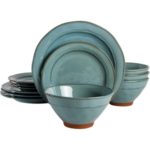 image:imageGibson Elite Soleil 12 Piece Echo Blue Stoneware Dinnerware Set for 4 Plates and Bowls Set with Dinner Plates Salad Plates and BowlsTeal Terranea