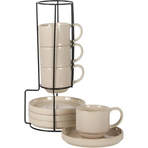 image:imageGibson Elite Sunrise Hills 9Piece Stackable Stoneware Cup and Saucer Set with Metal Rack 6 oz Service for 4 Dishwasher and Microwave Safe TaupeCream White