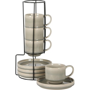 image:imageGibson Elite Sunrise Hills 9Piece Stackable Stoneware Cup and Saucer Set with Metal Rack 6 oz Service for 4 Dishwasher and Microwave Safe TaupeGray