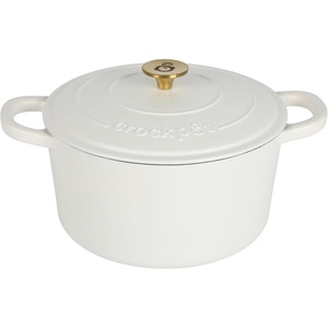 image:imageCrockPot Artisan 7Quart Enameled Cast Iron Dutch Oven Pot with Lid Round Gradient Taupe Oven Safe CookwareMatte Linen White w Gold Knob