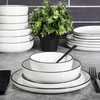 image:imageGibson Home Summit View 17Piece Porcelain Plates and Bowls Set WMetal Rack  Plates Bowls amp Mugs Dinnerware Set for 4  WhiteWhite w Black Rim Oslo