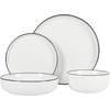 image:imageGibson Home Summit View 17Piece Porcelain Plates and Bowls Set WMetal Rack  Plates Bowls amp Mugs Dinnerware Set for 4  WhiteWhite w Blue Rim Oslo