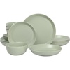 image:imageGibson Home Summit View 17Piece Porcelain Plates and Bowls Set WMetal Rack  Plates Bowls amp Mugs Dinnerware Set for 4  WhiteGreen Summer Shades