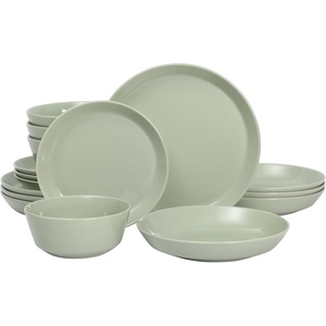 image:imageGibson Home Summit View 17Piece Porcelain Plates and Bowls Set WMetal Rack  Plates Bowls amp Mugs Dinnerware Set for 4  WhiteGreen Summer Shades