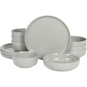 image:imageGibson Home Summit View 17Piece Porcelain Plates and Bowls Set WMetal Rack  Plates Bowls amp Mugs Dinnerware Set for 4  WhiteGrey Oslo