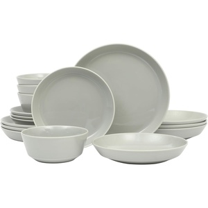 image:imageGibson Home Summit View 17Piece Porcelain Plates and Bowls Set WMetal Rack  Plates Bowls amp Mugs Dinnerware Set for 4  WhiteGrey Summer Shades