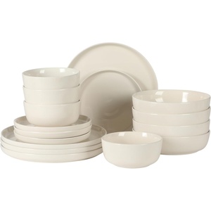 image:imageGibson Home Summit View 17Piece Porcelain Plates and Bowls Set WMetal Rack  Plates Bowls amp Mugs Dinnerware Set for 4  WhiteLinen White Serenity