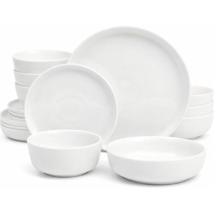 image:imageGibson Home Summit View 17Piece Porcelain Plates and Bowls Set WMetal Rack  Plates Bowls amp Mugs Dinnerware Set for 4  WhiteWhite Oslo