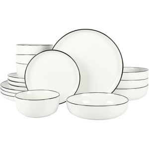 image:imageGibson Home Summit View 17Piece Porcelain Plates and Bowls Set WMetal Rack  Plates Bowls amp Mugs Dinnerware Set for 4  WhiteWhite w Black Rim Oslo