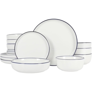 image:imageGibson Home Summit View 17Piece Porcelain Plates and Bowls Set WMetal Rack  Plates Bowls amp Mugs Dinnerware Set for 4  WhiteWhite w Blue Rim Oslo