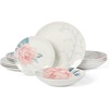 image:imageMartha Stewart Dinnerware Set  Maiden Crown 12Piece Dish Set Taupe  New Bone China Ceramic Plates amp Bowls  Floral Design  Service for 4  Microwave amp Dishwasher SafePeony