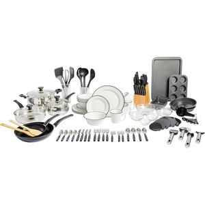 image:imageGibson Home 95 Piece Kitchen in a Box Pots and Pans Cookware Plates and Bowls Dinnerware Cutlery Knife Block Flatware Utensils Tools amp Gadgets Storage Glasses SetWhite 95pc