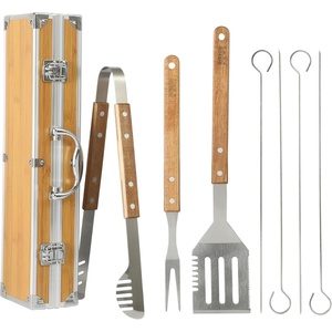 image:imageGibson Home Barbeque Pro 8Piece BBQ Tool Set with Acacia Wood Handles and Aluminum Storage Case  Grill Accessories KitStainless Steel w Acacia Wood 8Piece Set