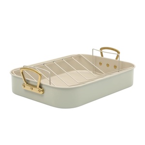 image:imageGibson Home Broxton 2Piece Nonstick Roaster Pan with Rack  16 x 12 Inch Mint Green Turkey Roasting Pan with Cast Aluminum Gold Handles  OvenSafe EasyClean Holiday CookwareMint Green