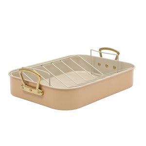image:imageGibson Home Broxton 2Piece Nonstick Roaster Pan with Rack  16 x 12 Inch Mint Green Turkey Roasting Pan with Cast Aluminum Gold Handles  OvenSafe EasyClean Holiday CookwareApricot