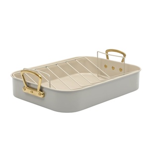 image:imageGibson Home Broxton 2Piece Nonstick Roaster Pan with Rack  16 x 12 Inch Mint Green Turkey Roasting Pan with Cast Aluminum Gold Handles  OvenSafe EasyClean Holiday CookwareTaupe