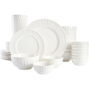 image:imageGibson Home Rothernberg Plates and Bowls 18 Piece Porcelain White Dinnerware Set WBlack Rim  Stackable Dishes  Microwave amp Dishwasher SafeWhite Embossed  40pcs