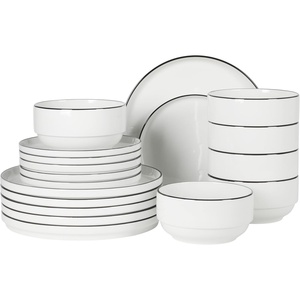 image:imageGibson Home Rothernberg Plates and Bowls 18 Piece Porcelain White Dinnerware Set WBlack Rim  Stackable Dishes  Microwave amp Dishwasher SafeWhite Rothernberg 18pcs