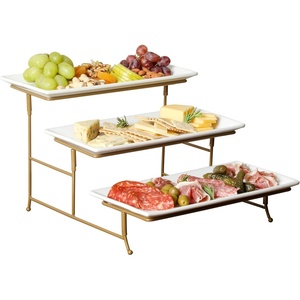 image:imageGibson Home Truss Peak 3 Tier Serving Tray for Party 18 Acacia Wood CupcakeCharcuterieDessert Farmhouse Tiered Platters with Collapsible Wood RackWhite W Gold