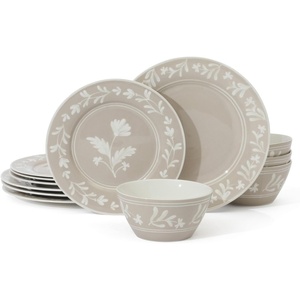 image:imageMartha Stewart Dinnerware Set  Maiden Crown 12Piece Dish Set Taupe  New Bone China Ceramic Plates amp Bowls  Floral Design  Service for 4  Microwave amp Dishwasher SafeTaupe