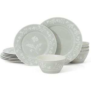 image:imageMartha Stewart Dinnerware Set  Maiden Crown 12Piece Dish Set Taupe  New Bone China Ceramic Plates amp Bowls  Floral Design  Service for 4  Microwave amp Dishwasher SafeSage Green