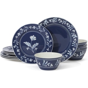 image:imageMartha Stewart Dinnerware Set  Maiden Crown 12Piece Dish Set Taupe  New Bone China Ceramic Plates amp Bowls  Floral Design  Service for 4  Microwave amp Dishwasher SafeSky Blue
