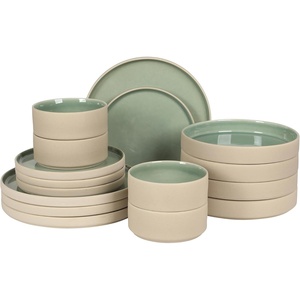image:imageGibson Elite Liberty Bay 16Piece Pottery Clay Stoneware Dinnerware Set  Mint Green Reactive Glaze Stackable Plates and Bowls WPasta Bowl Service for 4  Microwave amp Dishwasher SafeMint Green Liberty Bay