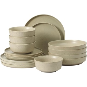 image:imageGibson Elite Liberty Bay 16Piece Pottery Clay Stoneware Dinnerware Set  Mint Green Reactive Glaze Stackable Plates and Bowls WPasta Bowl Service for 4  Microwave amp Dishwasher SafeWhite Overbrook