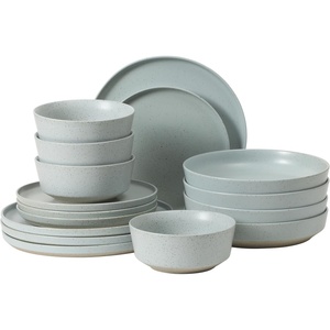 image:imageGibson Elite Liberty Bay 16Piece Pottery Clay Stoneware Dinnerware Set  Mint Green Reactive Glaze Stackable Plates and Bowls WPasta Bowl Service for 4  Microwave amp Dishwasher SafeLight Blue Overbrook