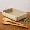 image:imageBloomhouse 3Piece 48Quart 9 X 13 Ceramic Bakeware Set with Olive Wood Tools  LinenTaupe Baking Dish with Handles Oven Safe Durable Stoneware for Casseroles Roasting amp Serving