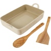 image:imageBloomhouse 3Piece 48Quart 9 X 13 Ceramic Bakeware Set with Olive Wood Tools  LinenTaupe Baking Dish with Handles Oven Safe Durable Stoneware for Casseroles Roasting amp Serving