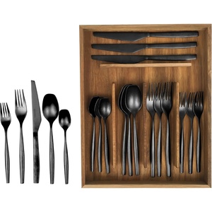 image:imageBloomhouse  Two Time Oprahs Favorite Things Winner  20 Piece Stone Washed Flatware 1810 Stainless Steel Silverware Cutlery Utensil Set With Acacia Wood Caddy  Service for 4Black