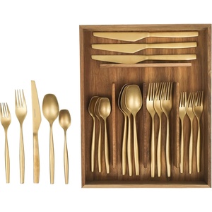 image:imageBloomhouse  Two Time Oprahs Favorite Things Winner  20 Piece Stone Washed Flatware 1810 Stainless Steel Silverware Cutlery Utensil Set With Acacia Wood Caddy  Service for 4Gold