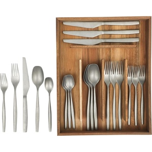 image:imageBloomhouse  Two Time Oprahs Favorite Things Winner  20 Piece Stone Washed Flatware 1810 Stainless Steel Silverware Cutlery Utensil Set With Acacia Wood Caddy  Service for 4Stainless Steel