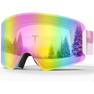 imagefindway Kids Ski Goggles for Boys Girls YouthOTG AntiFog Over Glasses Kids SnowSnowboard GogglesWhite Framerevo Pink Lens Vlt 46