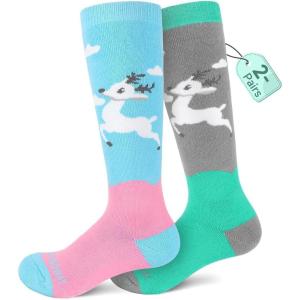 imagefindway Kids Ski Socks 2 Pairs Thermal Thick Warm Winter Cozy Socks for Skiing Snowboarding Boys Girls2pgreenpurple