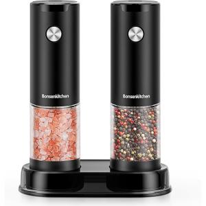 imageBonsenkitchen Electric Salt and Pepper Grinder Set Battery OperatedNot Included2 Pack Automatic Salt ampamp Pepper Mill Shakers with LED Light Adjustable Coarseness Storage Base 95ml Large Capacity