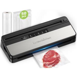 imageBonsenkitchen Vacuum Sealer Machine MultiFunctional Food Sealer with 50 Vacuum Bags ampamp 1 Roll for Food Storage Builtin Cutter Globefish Technology for HighSpeed Continuous Working BlackBlack