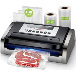 imageBonsenkitchen Vacuum Sealer Machine Powerful LowNoise Food Vacuum Sealer for HighSpeed Continuous Working Handle Locked Design Builtin Cutter 2 Bag Rolls  100 PCS Vacuum BagsBright Black
