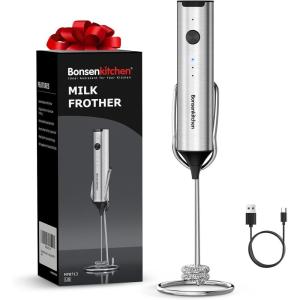 imageBonsenkitchen Rechargeable Milk Frother with Stand Handheld 3Speed Coffee Frother Dual Spring Whisk Electric Hand Frother Wand Drink Mixer for Matcha Lattes Cappuccino Kitchen GiftsSilver