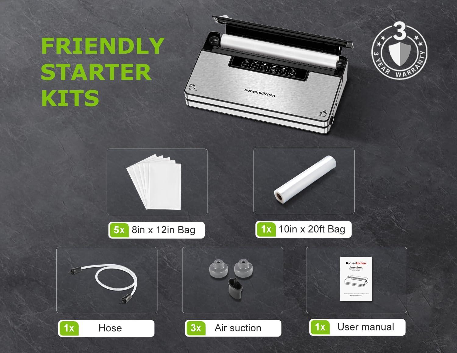 imageBonsenkitchen Vacuum Sealer Machine Stainless Steel Food Sealer Vacuum Sealers with 1 Roll ampamp 5 Bags 5 Food Vacuum Modes Builtin Cutter ampamp Bag Storage White SilverSilverBlack