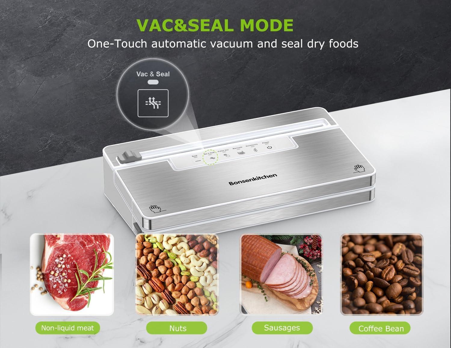 imageBonsenkitchen Vacuum Sealer Machine Stainless Steel Food Sealer Vacuum Sealers with 1 Roll ampamp 5 Bags 5 Food Vacuum Modes Builtin Cutter ampamp Bag Storage White SilverWhiteSilver