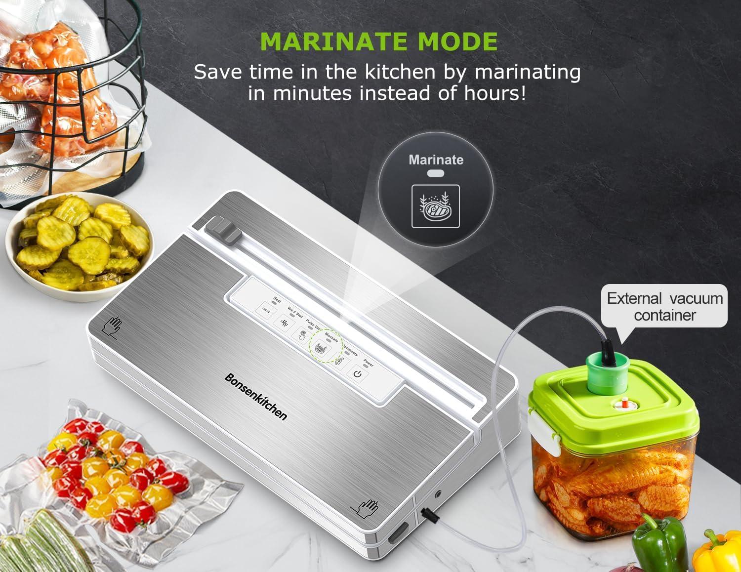 imageBonsenkitchen Vacuum Sealer Machine Stainless Steel Food Sealer Vacuum Sealers with 1 Roll ampamp 5 Bags 5 Food Vacuum Modes Builtin Cutter ampamp Bag Storage White SilverWhiteSilver