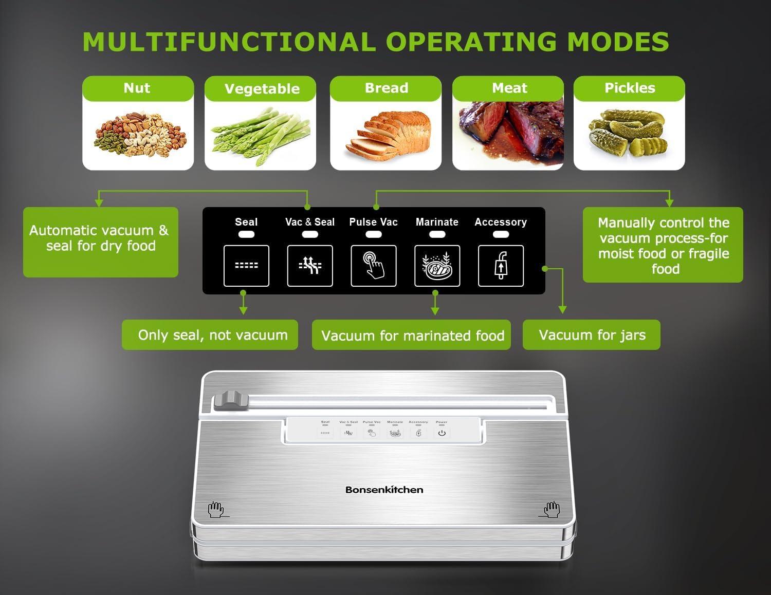 imageBonsenkitchen Vacuum Sealer Machine Stainless Steel Food Sealer Vacuum Sealers with 1 Roll ampamp 5 Bags 5 Food Vacuum Modes Builtin Cutter ampamp Bag Storage White SilverWhiteSilver